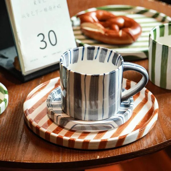 Hand Drawn Striped Ceramic Mug & Saucer - Image 3